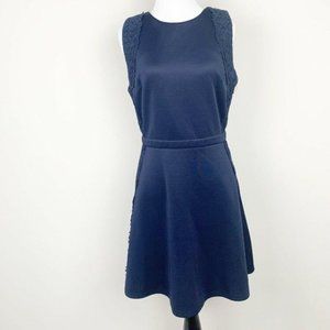 women Navy Blue Lace Trim Sleeveless Swing Dress